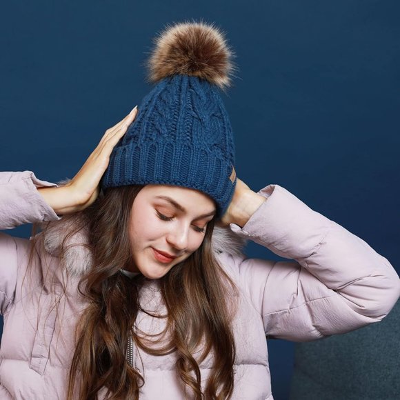Womens Winter Warm Fleece Lined Knitted Soft Ski Cuff Beanie Hat with Pom Pom - Picture 5 of 8
